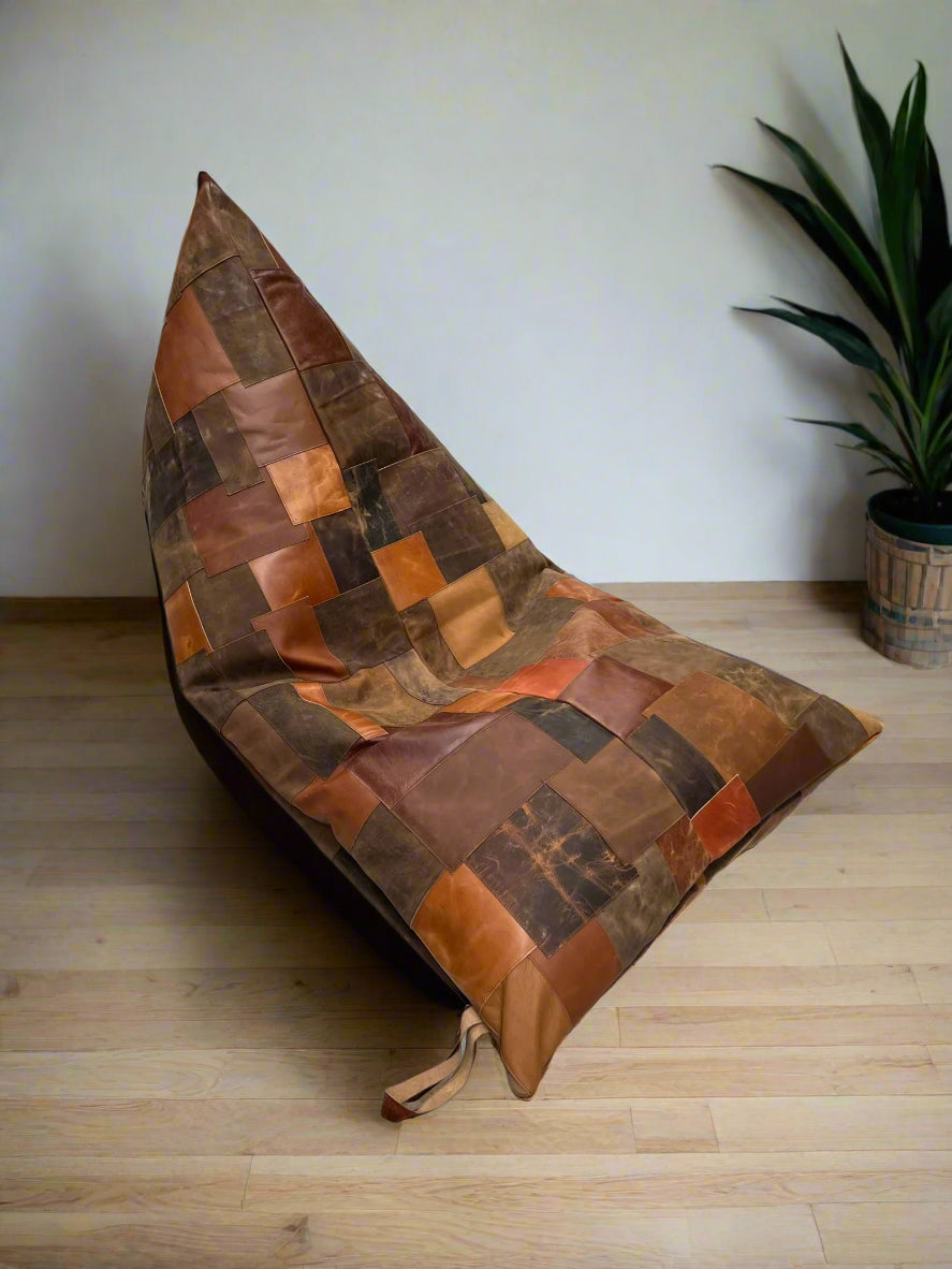 Vintage Leather Patchwork Bean Bag Cover - Upcycled Cowhide Lounger