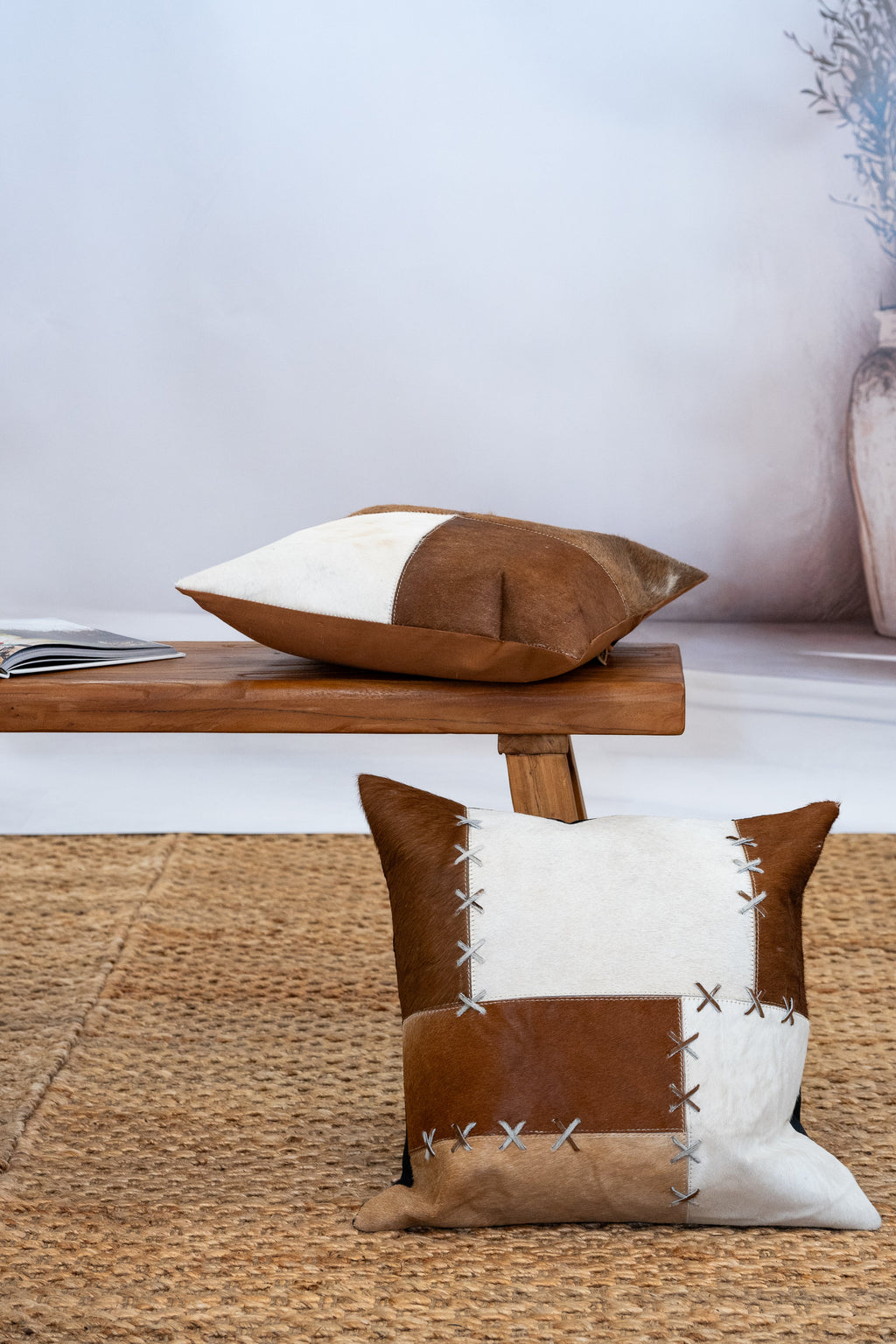 Handmade Patchwork Cowhide Leather Cushion Cover - Rustic Luxe Decor (45x45cm)