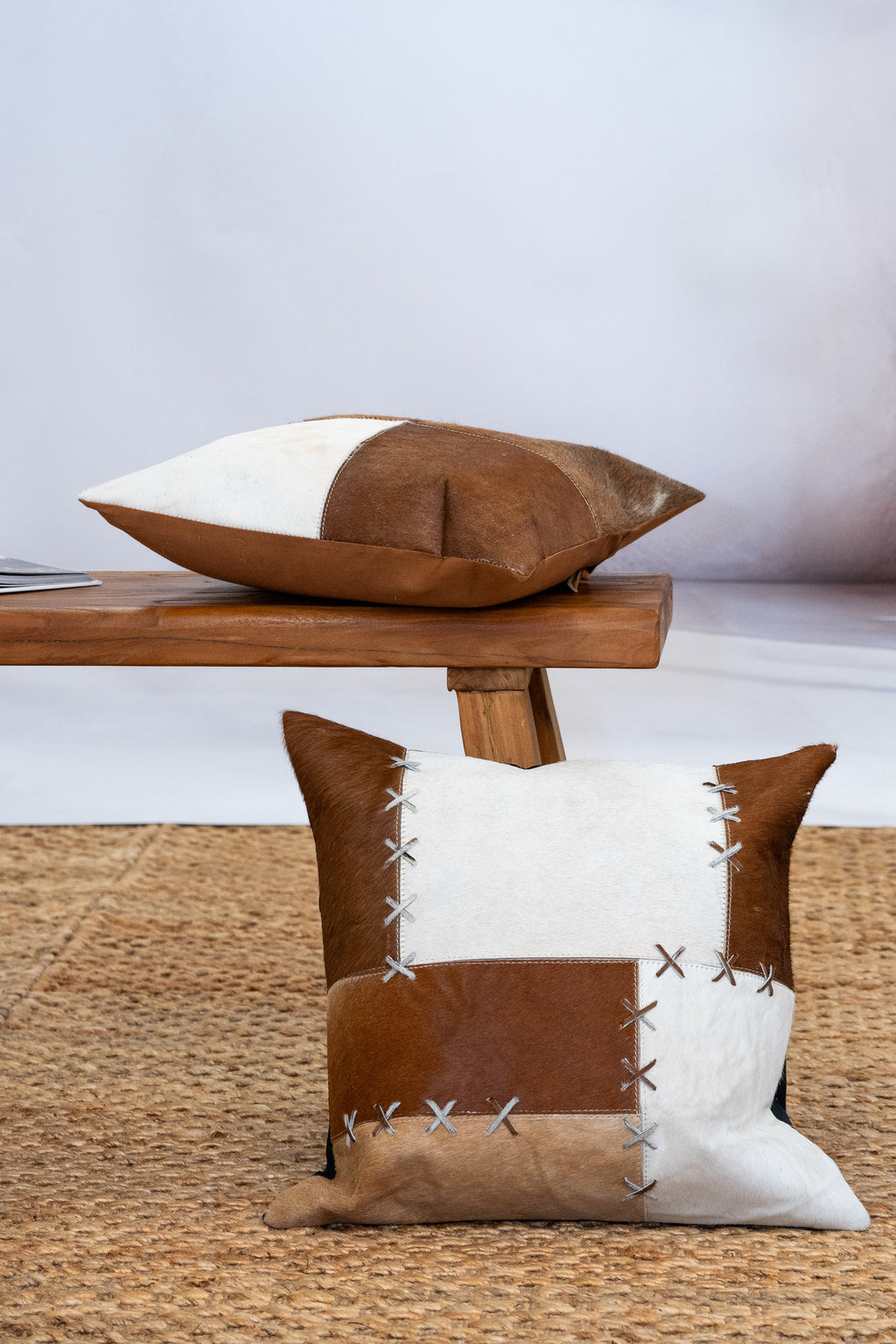 Handmade Patchwork Cowhide Leather Cushion Cover - Rustic Luxe Decor (45x45cm)