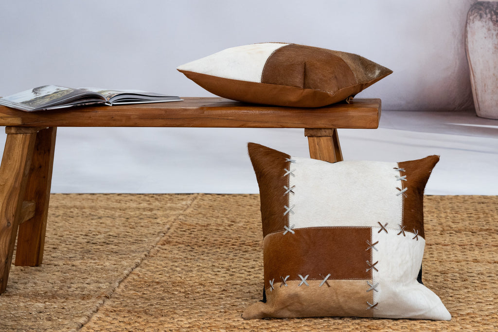 Handmade Patchwork Cowhide Leather Cushion Cover - Rustic Luxe Decor (45x45cm)