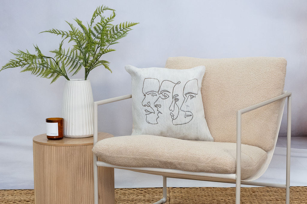 Handmade Cowhide Leather Cushion Cover - Modern Abstract Face Design
