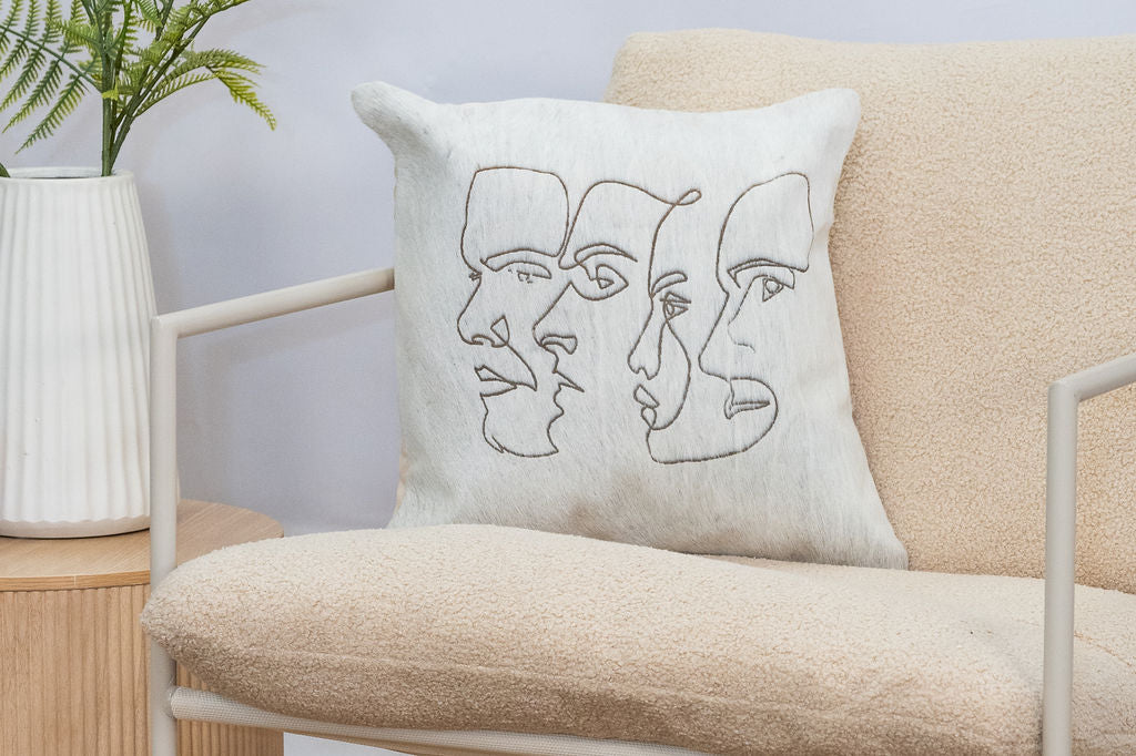 Handmade Cowhide Leather Cushion Cover - Modern Abstract Face Design