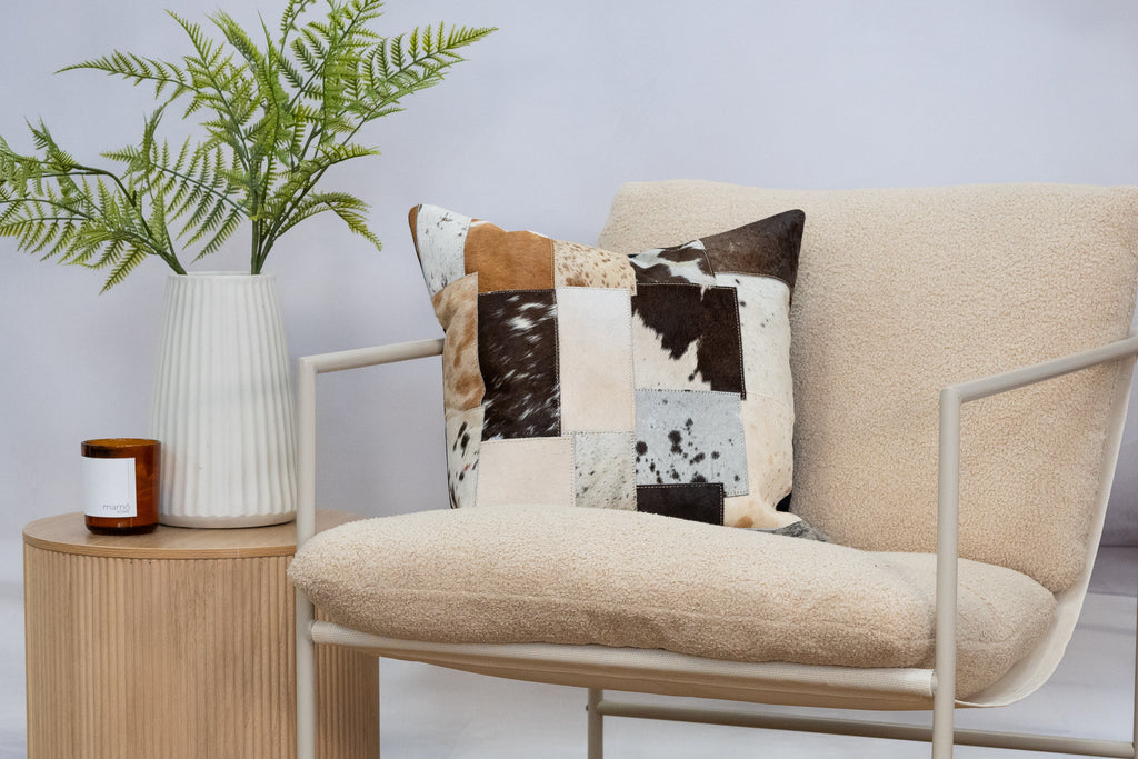 Patchwork Cowhide Leather Cushion Cover - Natural Hide, Handmade 45x45cm