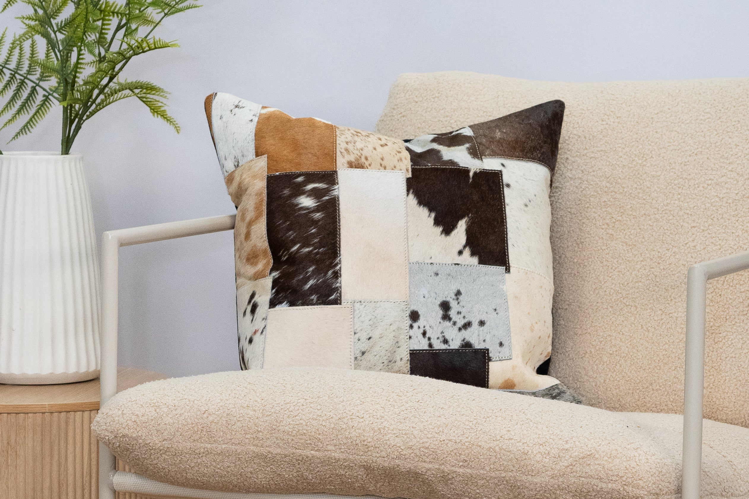 Patchwork Cowhide Leather Cushion Cover - Natural Hide, Handmade 45x45cm