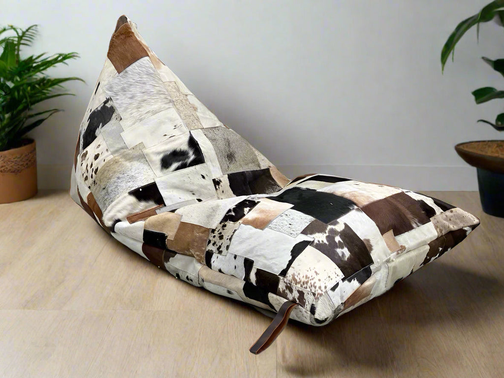 Luxe Cowhide Patchwork Beanbag Cover - Artisan-Made Leather Lounge Shell