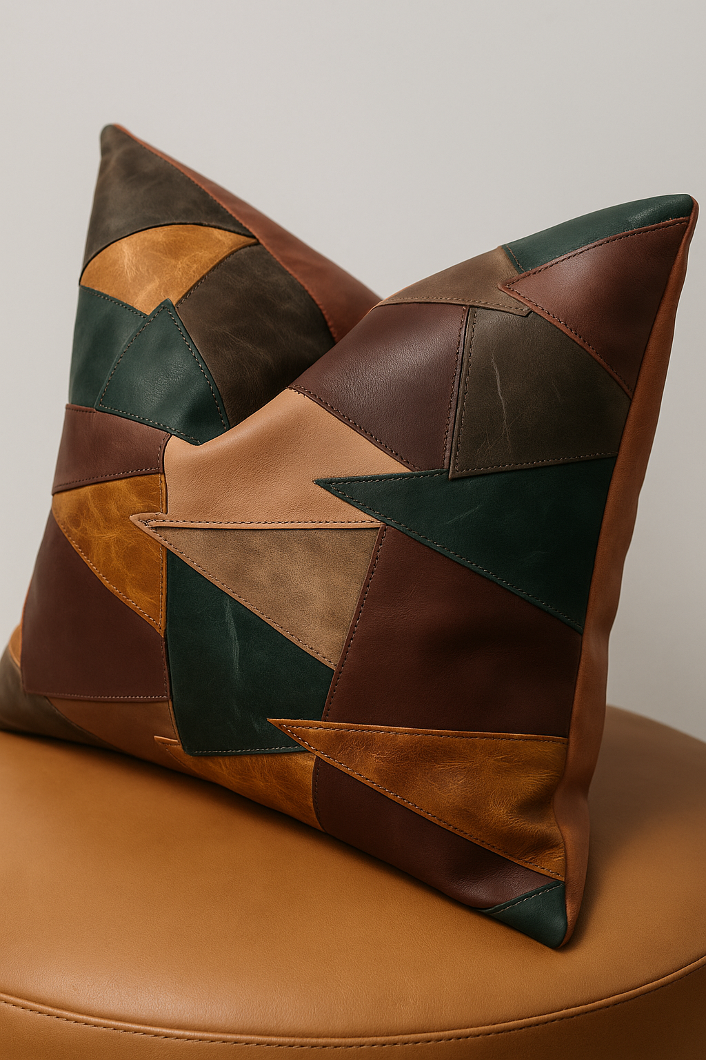 Modern Rustic Leather Patchwork Cushion - Earth Tones | Decor Accent