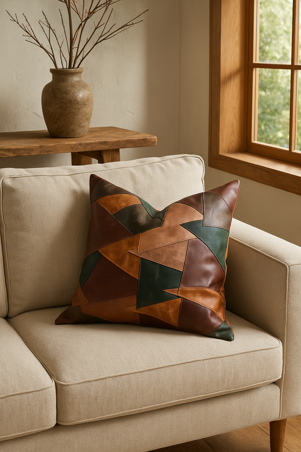 Modern Rustic Leather Patchwork Cushion - Earth Tones | Decor Accent