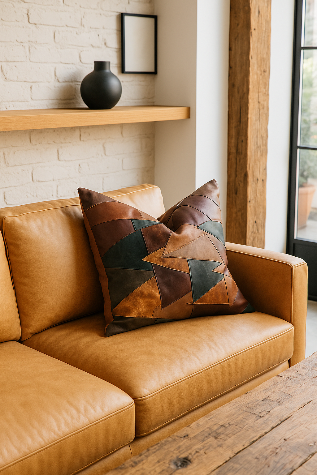 Modern Rustic Leather Patchwork Cushion - Earth Tones | Decor Accent