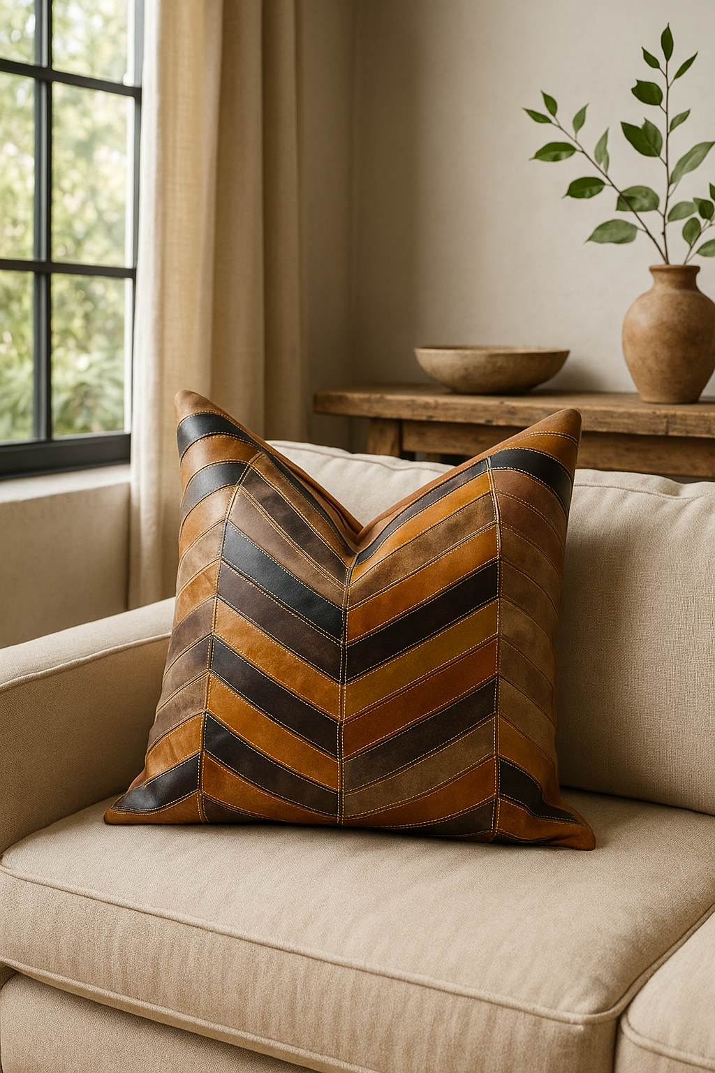 Chevron Patch Leather Cushion | 100% Genuine Leather | 45x45cm