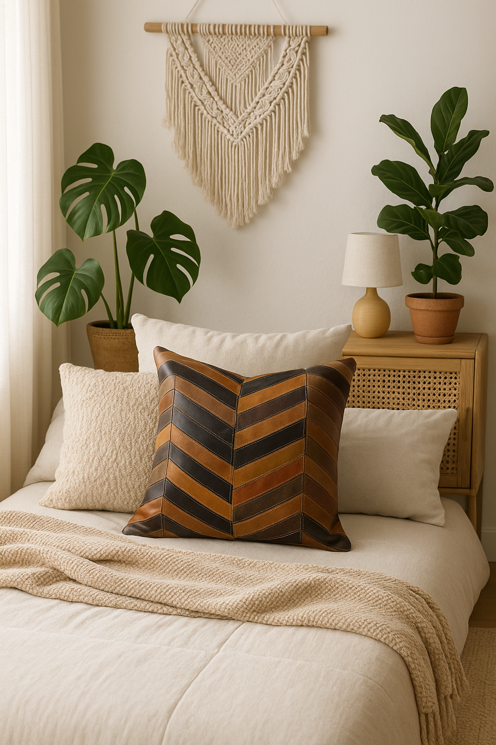 Chevron Patch Leather Cushion | 100% Genuine Leather | 45x45cm