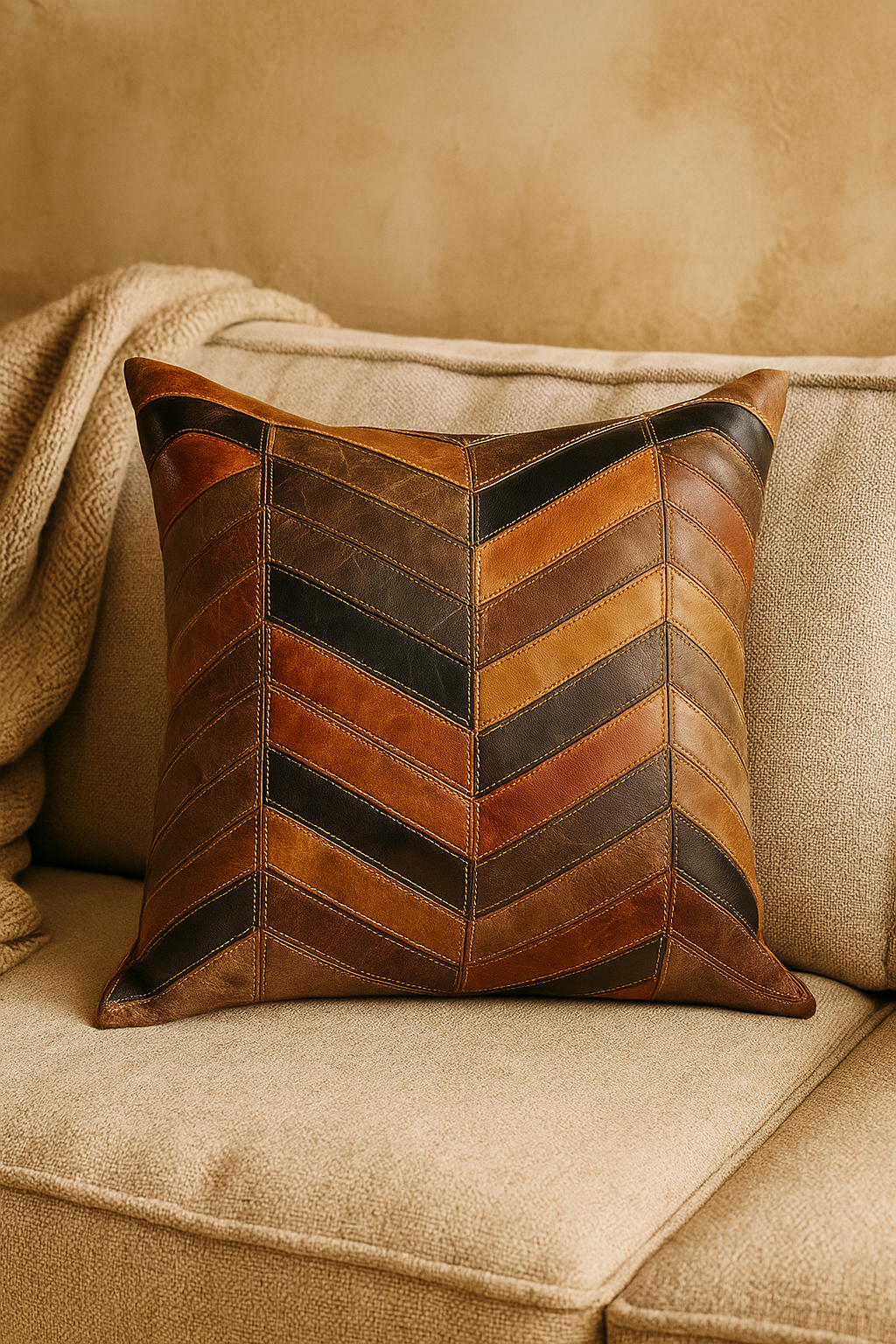 Chevron Patch Leather Cushion | 100% Genuine Leather | 45x45cm