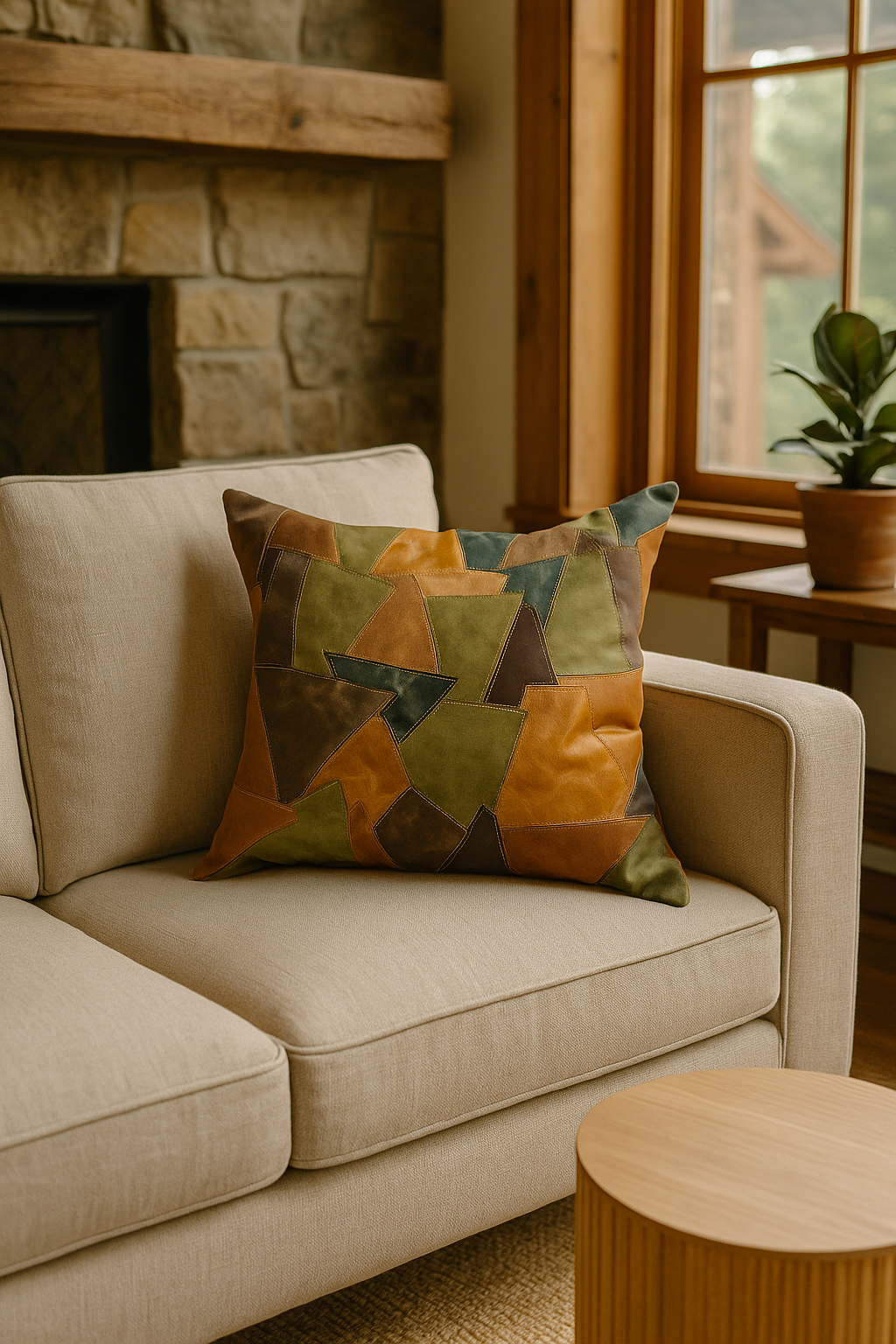 Patchwork Leather Cushion Cover - Rustic Earth Tones | 60x60cms