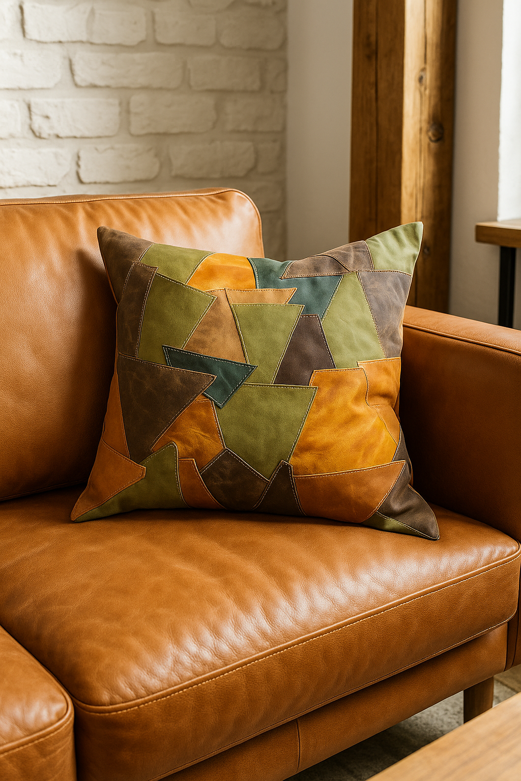 Patchwork Leather Cushion Cover - Rustic Earth Tones | 60x60cms