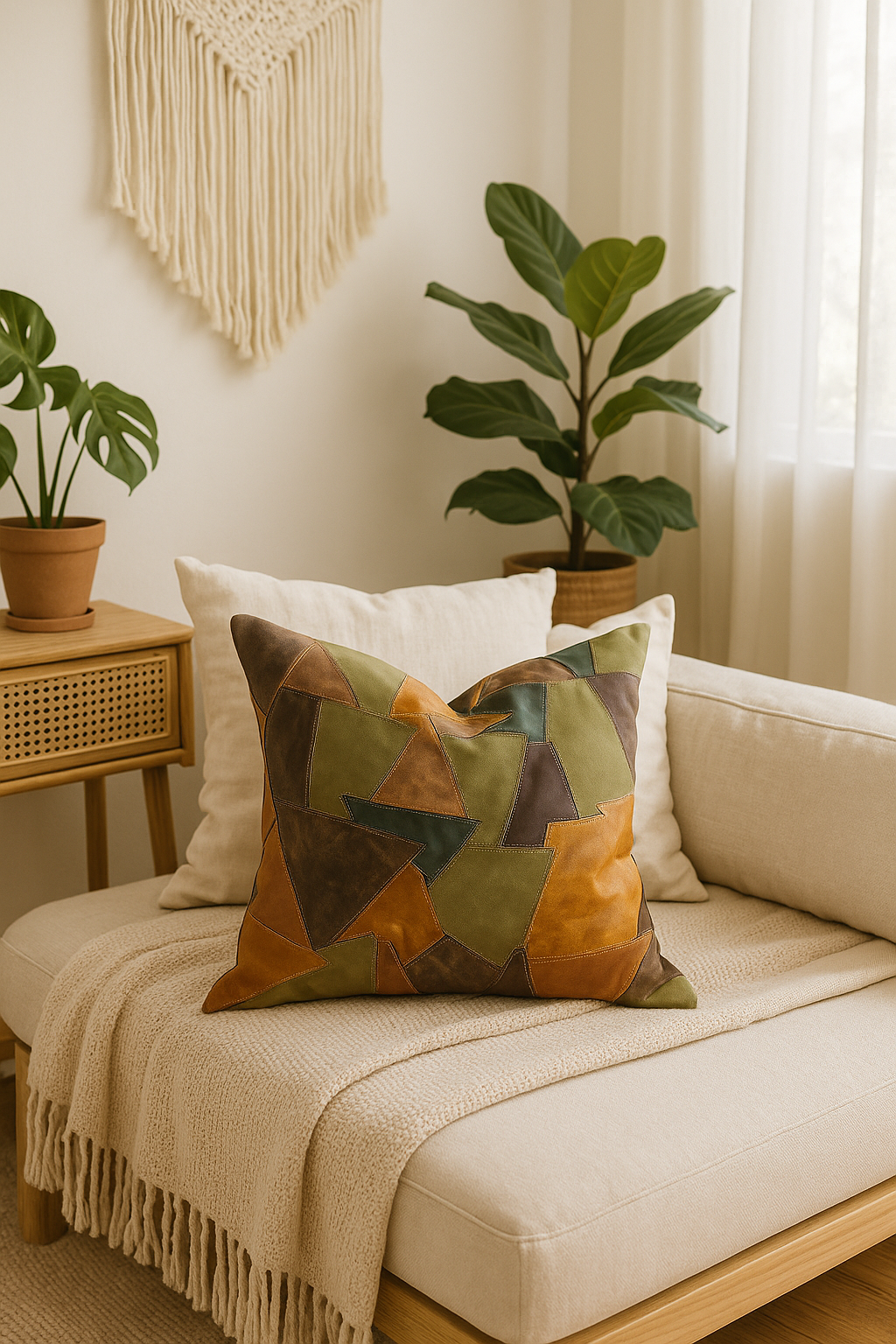 Patchwork Leather Cushion Cover - Rustic Earth Tones | 60x60cms