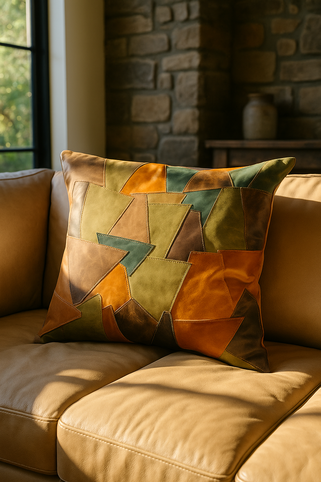 Patchwork Leather Cushion Cover - Rustic Earth Tones | 60x60cms
