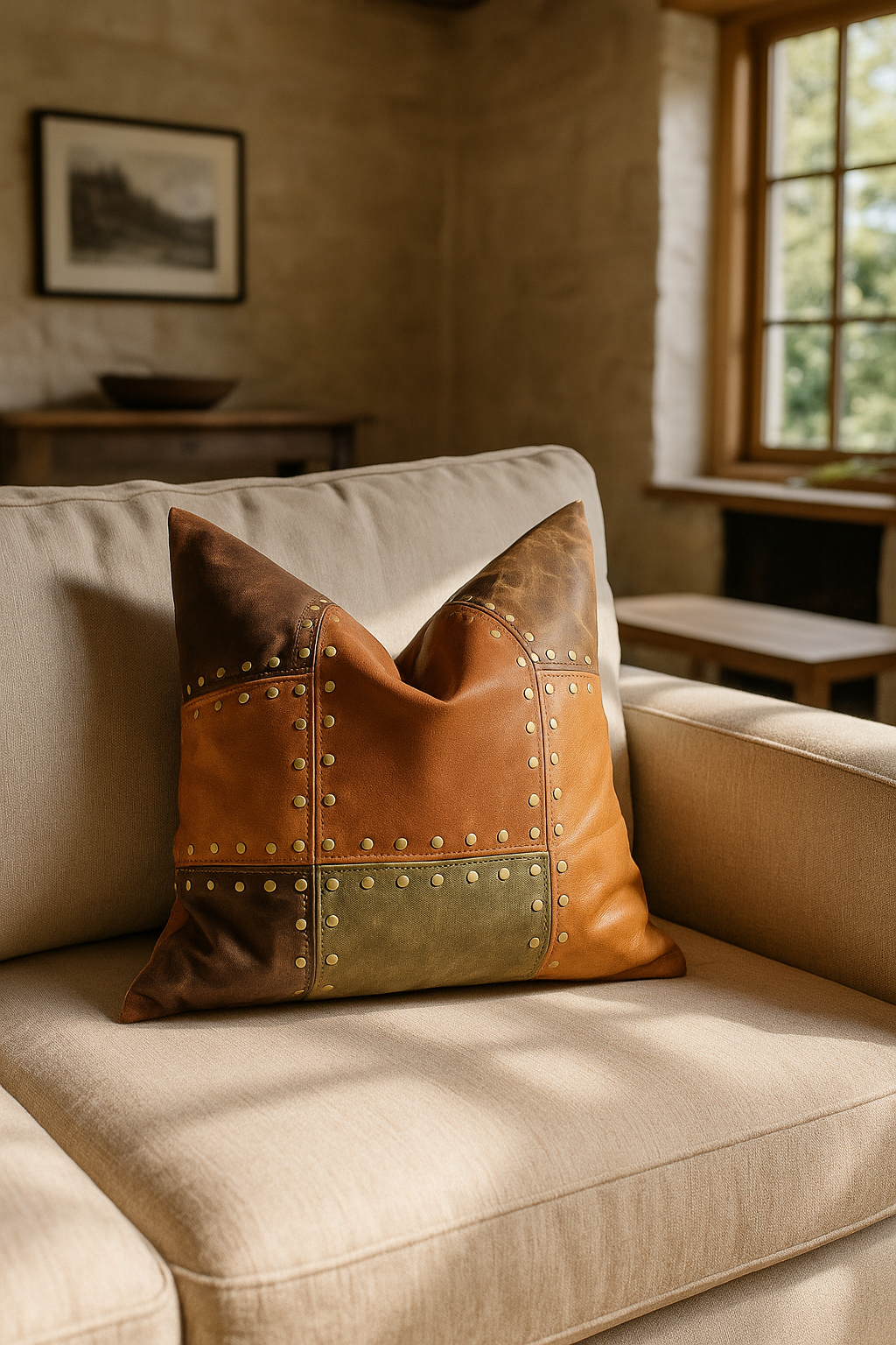 Rustic Studded Leather Cushion Cover - Tan & Olive Patchwork Accent