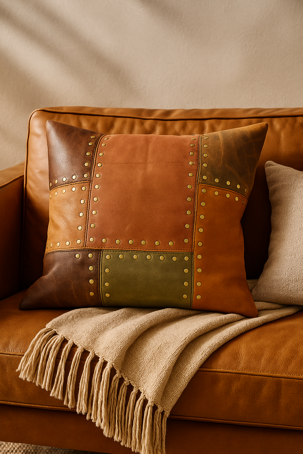 Rustic Studded Leather Cushion Cover - Tan & Olive Patchwork Accent