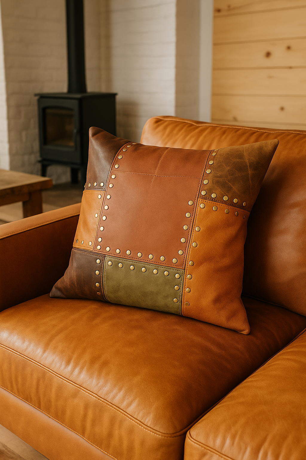Rustic Studded Leather Cushion Cover - Tan & Olive Patchwork Accent