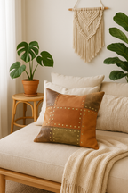 Rustic Studded Leather Cushion Cover - Tan & Olive Patchwork Accent