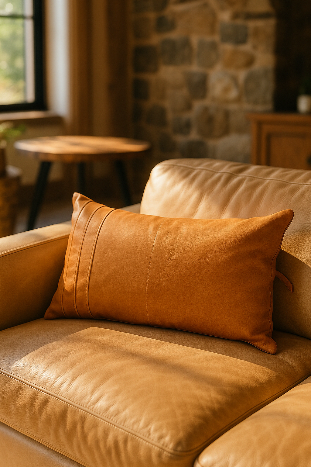 Tan Leather Lumbar Cushion - Artisan Boho Style | Leatherly