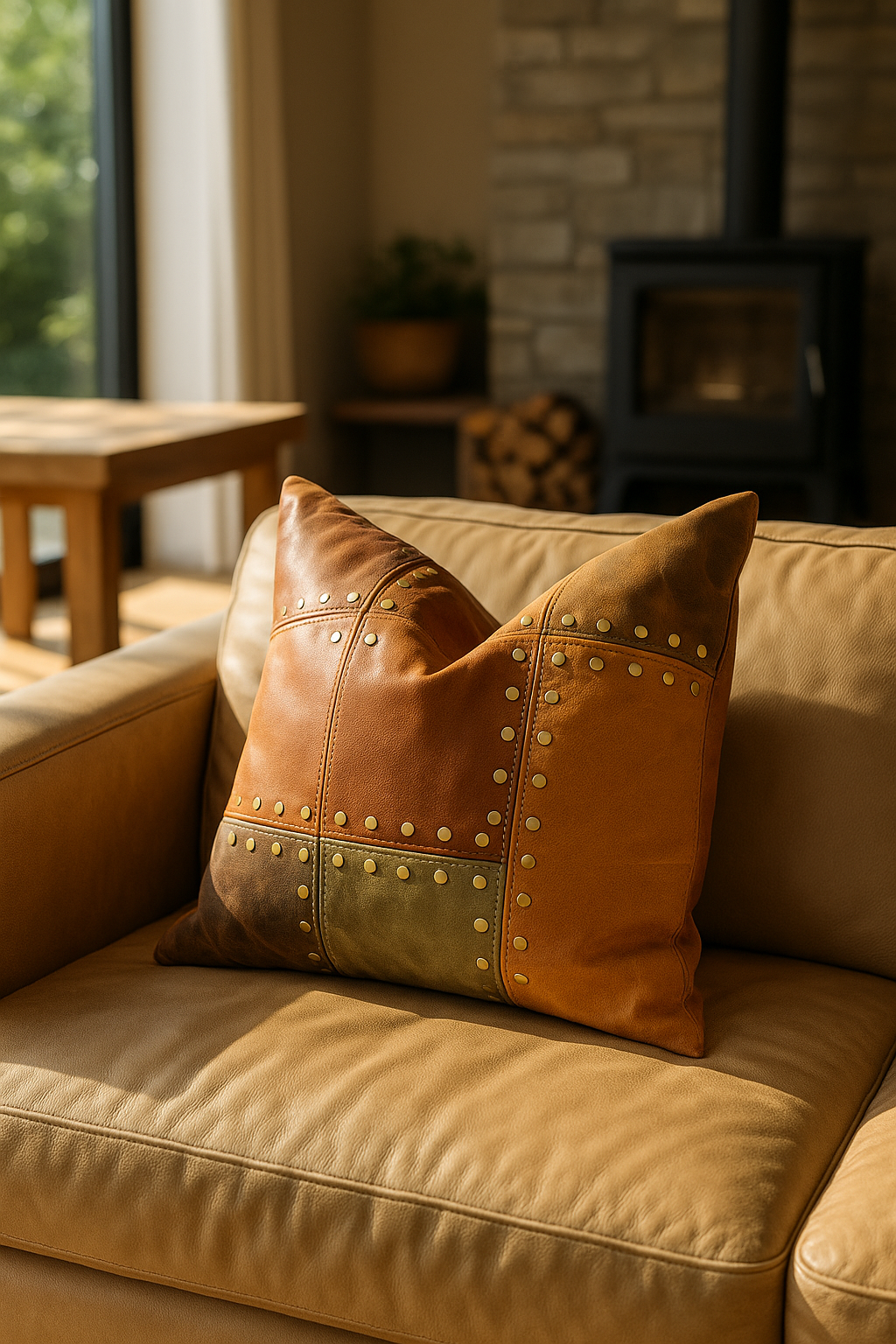 Rustic Studded Leather Cushion Cover - Tan & Olive Patchwork Accent