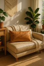Tan Leather Lumbar Cushion - Artisan Boho Style | Leatherly