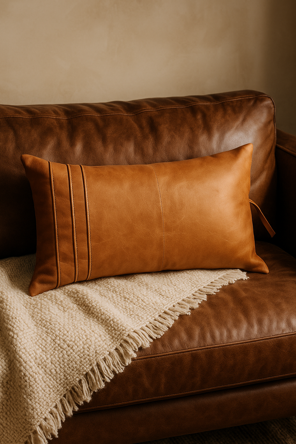 Tan Leather Lumbar Cushion - Artisan Boho Style | Leatherly