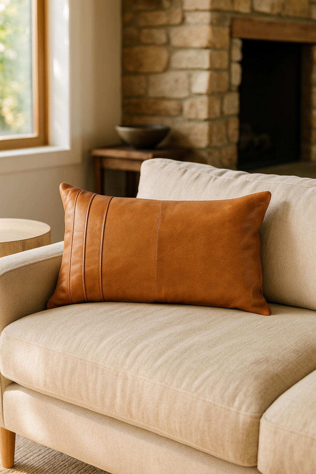 Tan Leather Lumbar Cushion - Artisan Boho Style | Leatherly