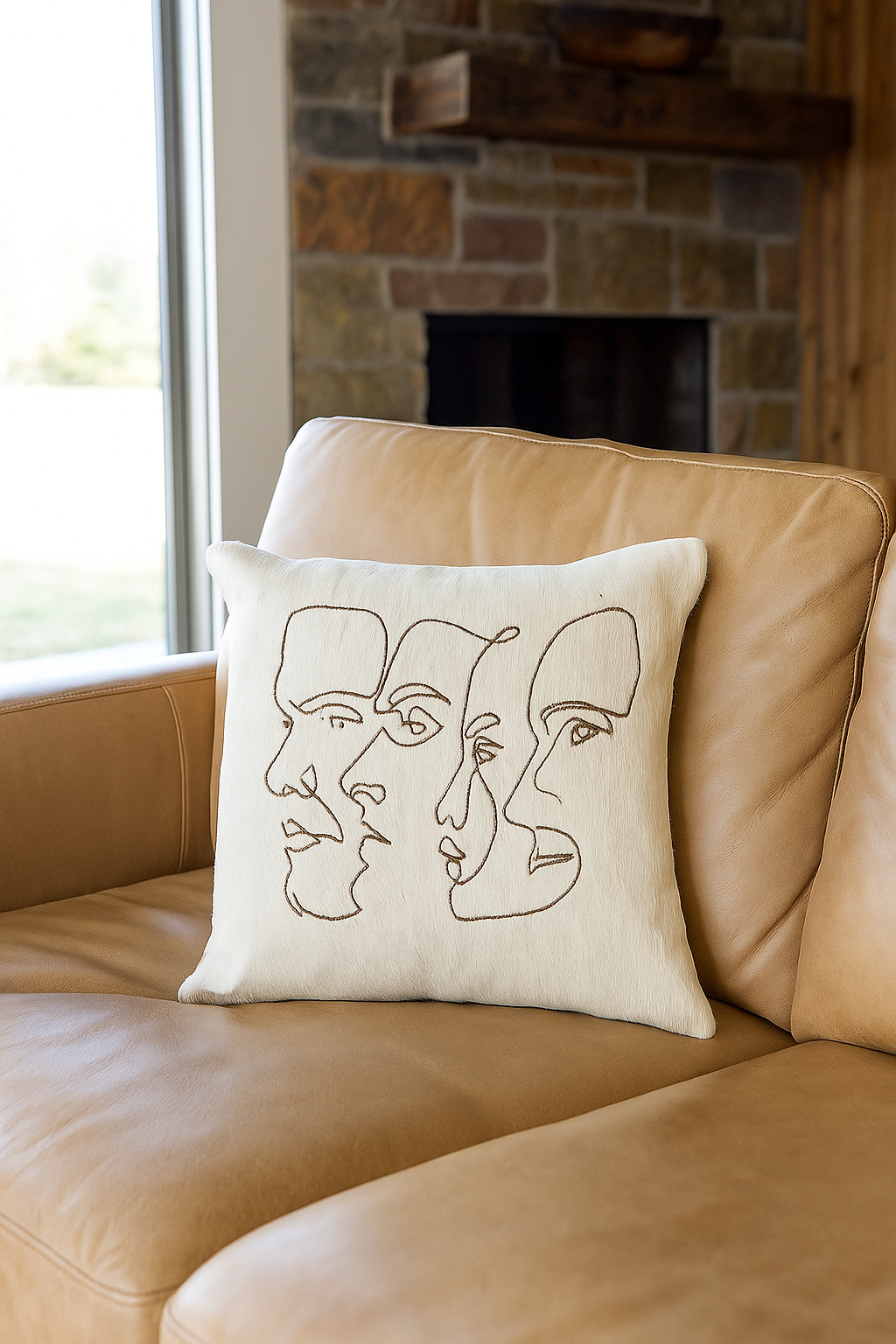 Handmade Cowhide Leather Cushion Cover - Modern Abstract Face Design
