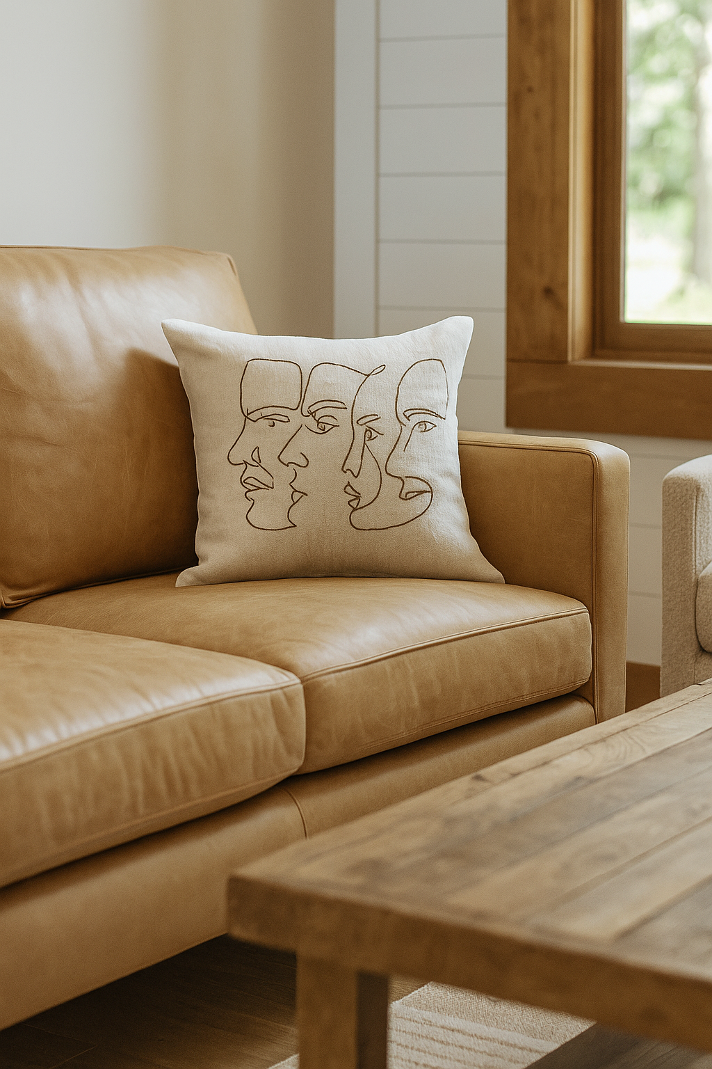 Handmade Cowhide Leather Cushion Cover - Modern Abstract Face Design