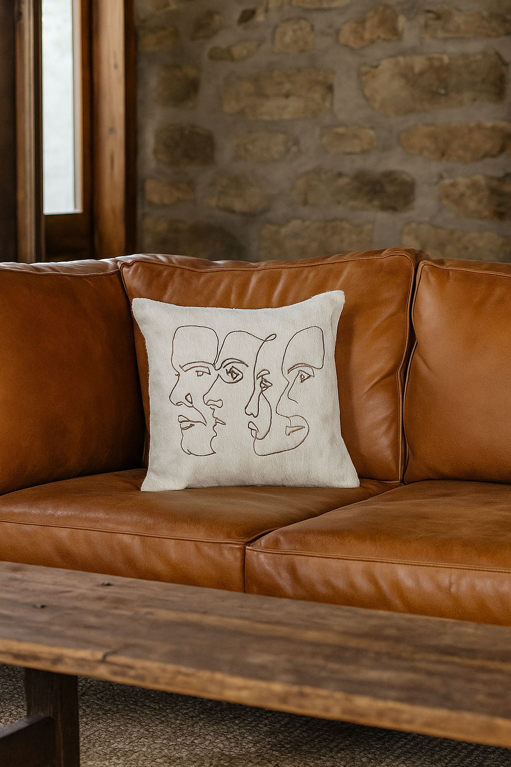 Handmade Cowhide Leather Cushion Cover - Modern Abstract Face Design