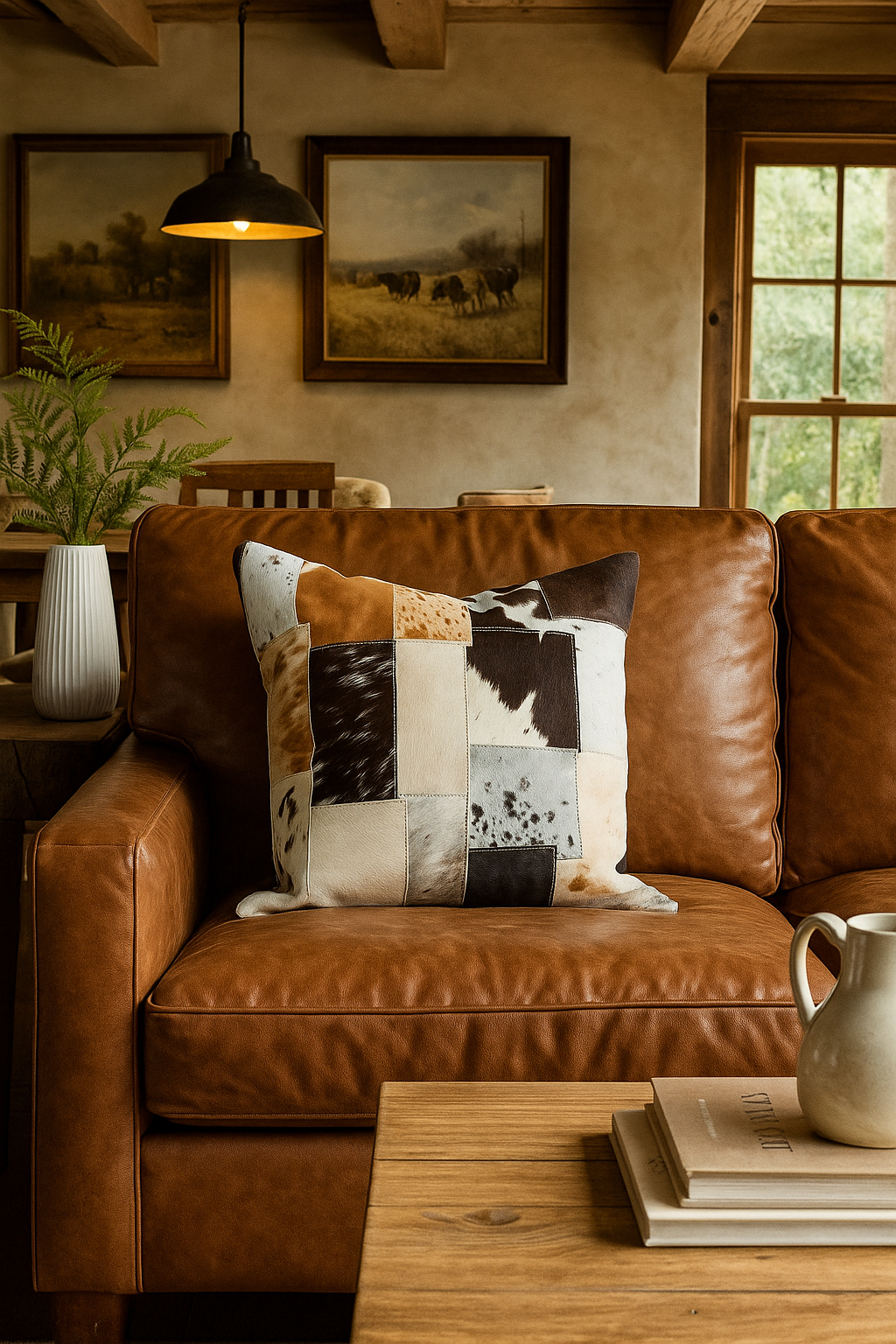Patchwork Cowhide Leather Cushion Cover - Natural Hide, Handmade 45x45cm