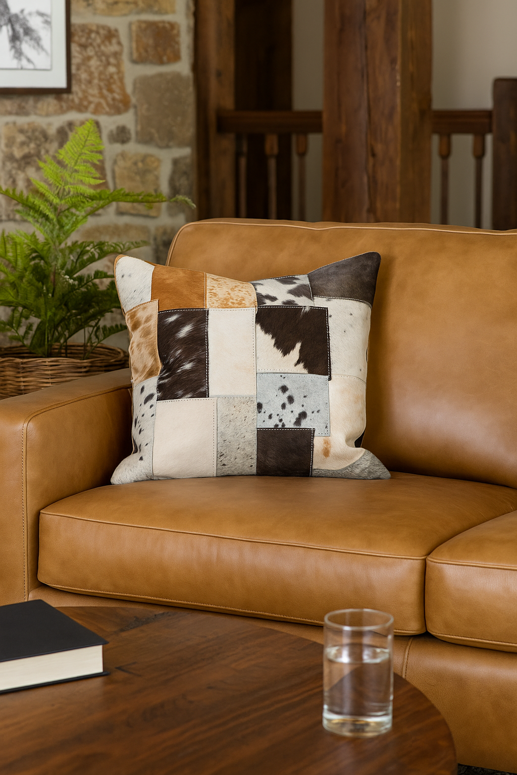 Patchwork Cowhide Leather Cushion Cover - Natural Hide, Handmade 45x45cm