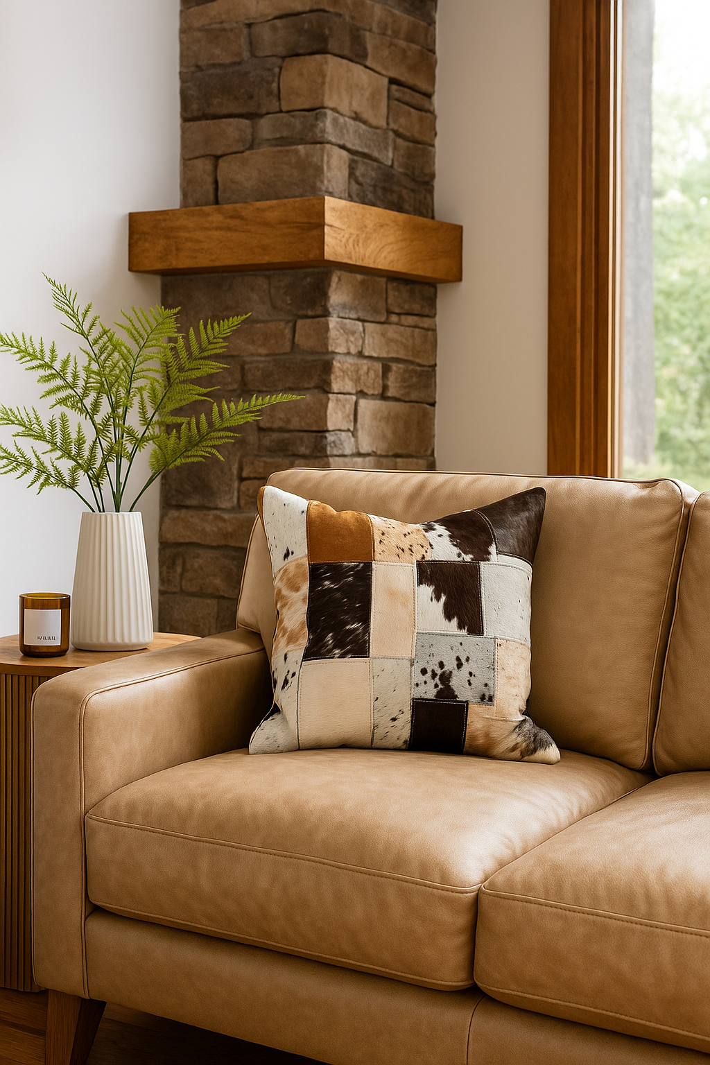 Patchwork Cowhide Leather Cushion Cover - Natural Hide, Handmade 45x45cm