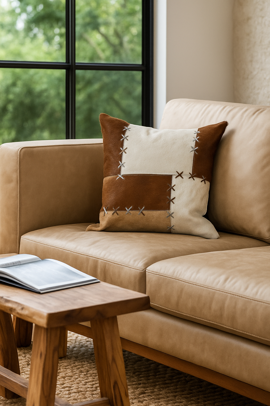 Handmade Patchwork Cowhide Leather Cushion Cover - Rustic Luxe Decor (45x45cm)