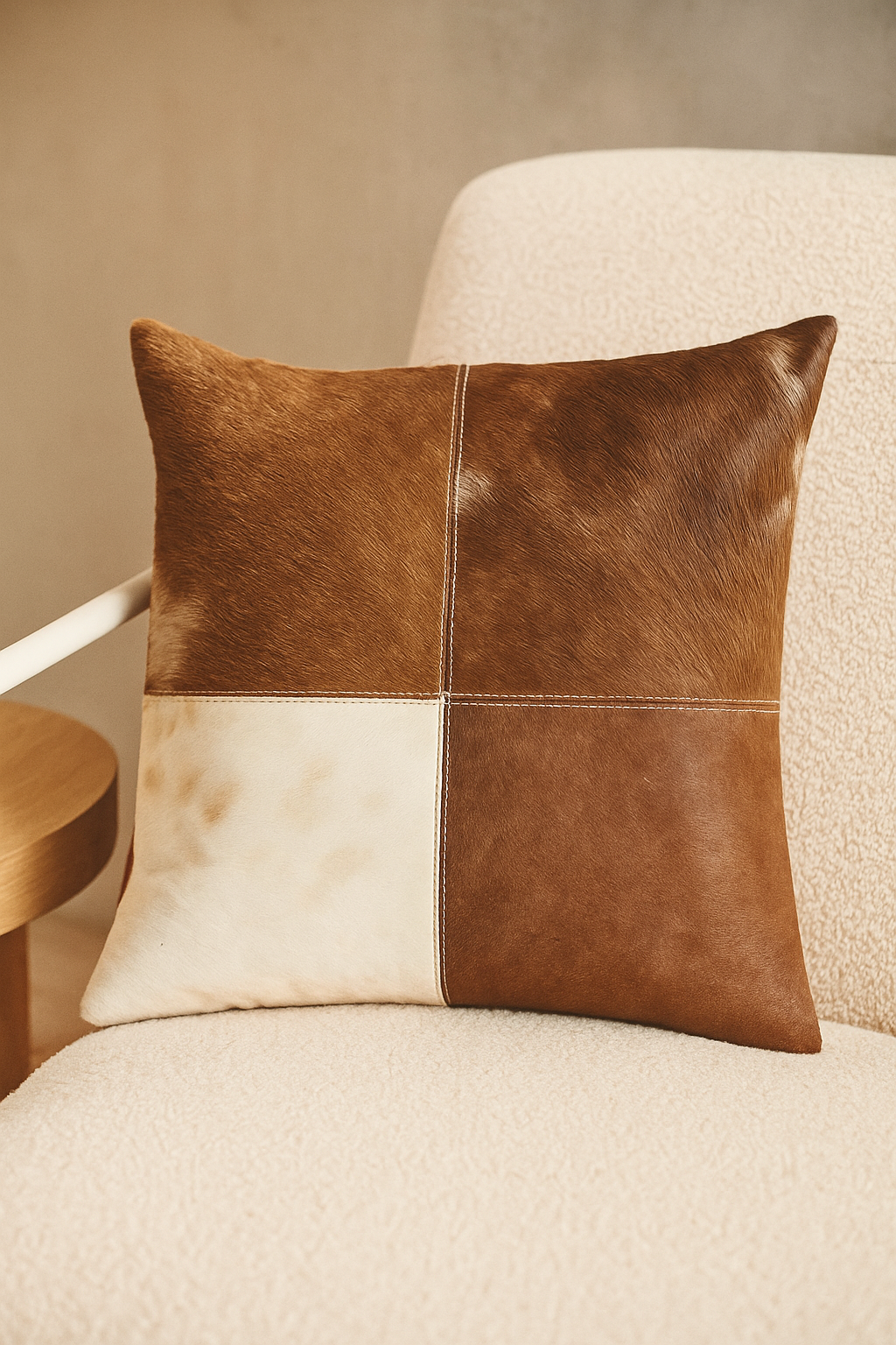 Cowhide Leather Cushion Cover - Natural Patchwork Hide Pillow (45x45cm)