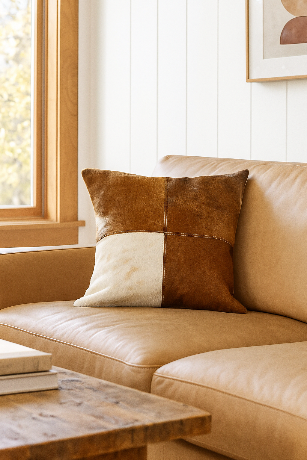 Cowhide Leather Cushion Cover - Natural Patchwork Hide Pillow (45x45cm)