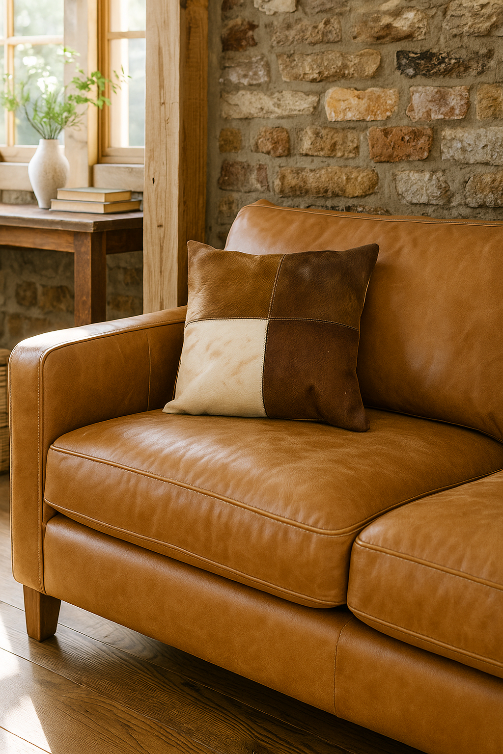 Cowhide Leather Cushion Cover - Natural Patchwork Hide Pillow (45x45cm)