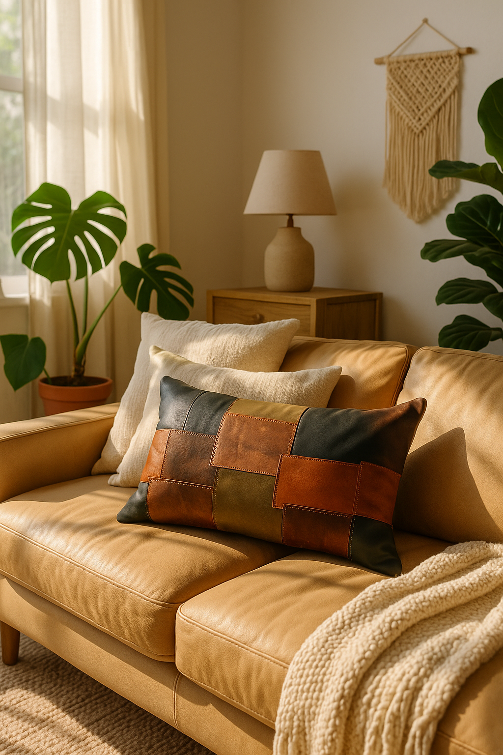 Earth-Toned Patchwork Leather Cushion Lumbar - Accent Pillow