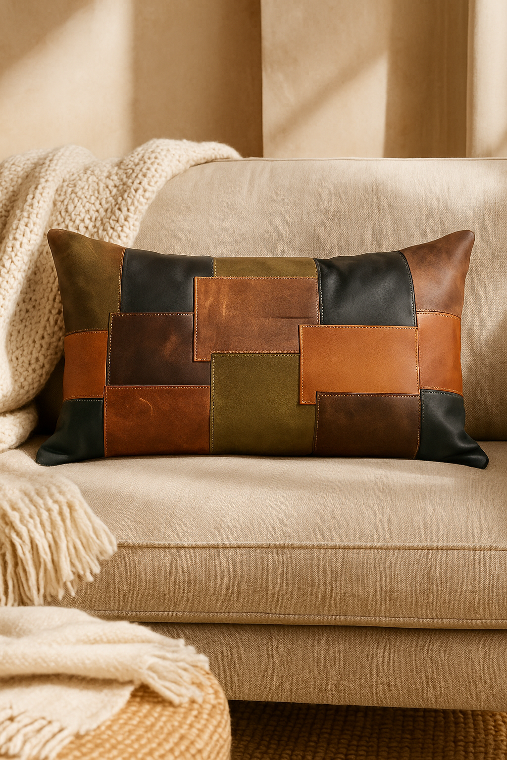 Earth-Toned Patchwork Leather Cushion Lumbar - Accent Pillow