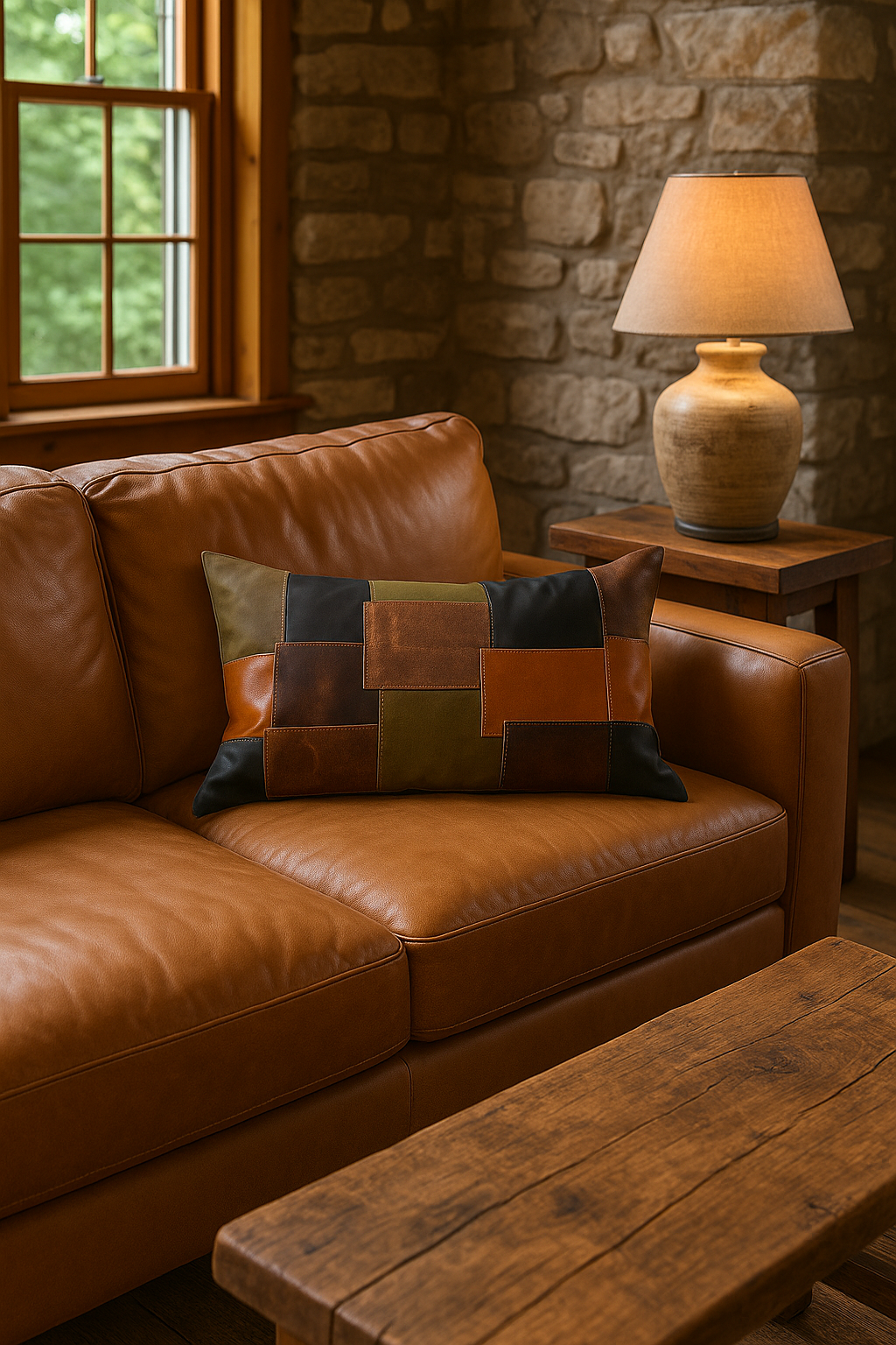 Earth-Toned Patchwork Leather Cushion Lumbar - Accent Pillow