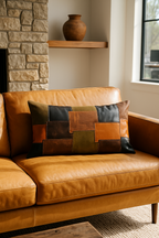 Earth-Toned Patchwork Leather Cushion Lumbar - Accent Pillow