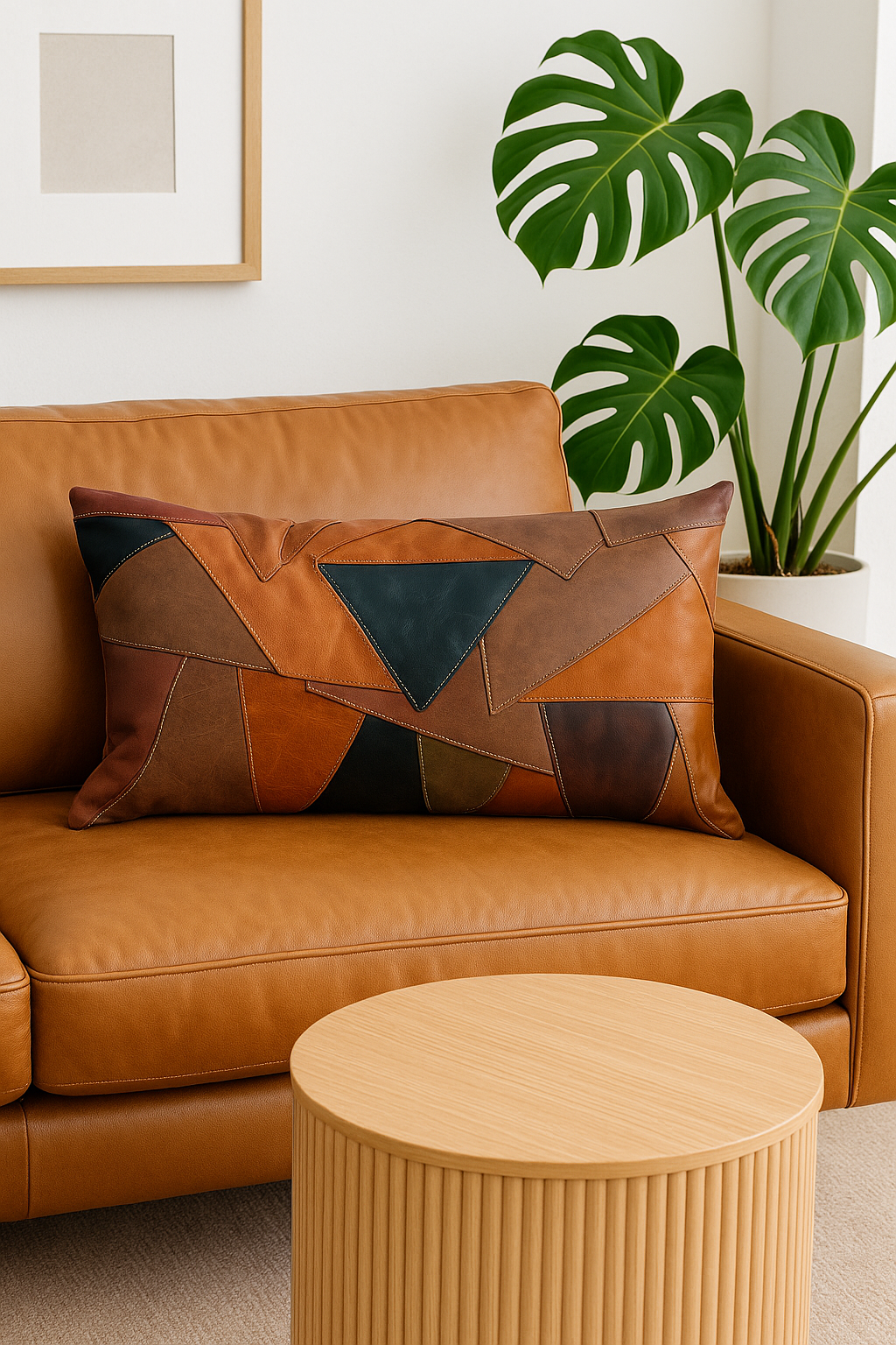 Geometric Patchwork Leather Cushion Lumbar - Rustic Modern