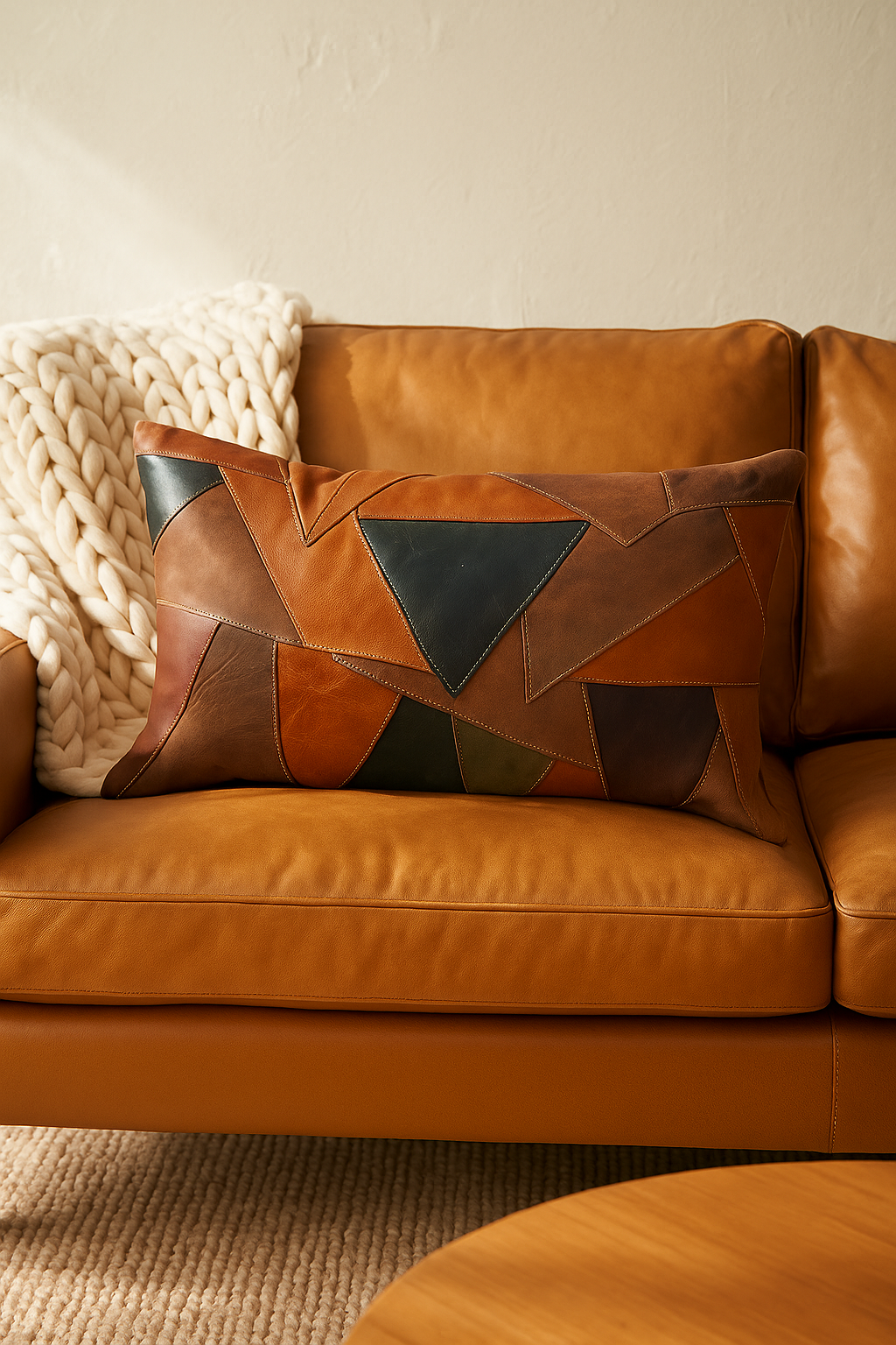 Geometric Patchwork Leather Cushion Lumbar - Rustic Modern