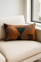 Geometric Patchwork Leather Cushion Lumbar - Rustic Modern