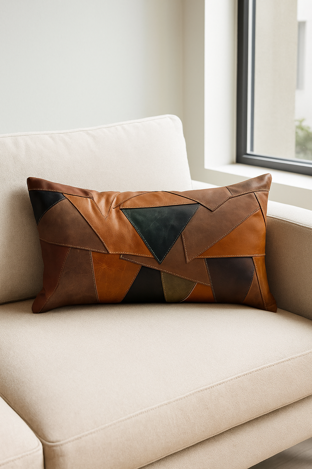 Geometric Patchwork Leather Cushion Lumbar - Rustic Modern