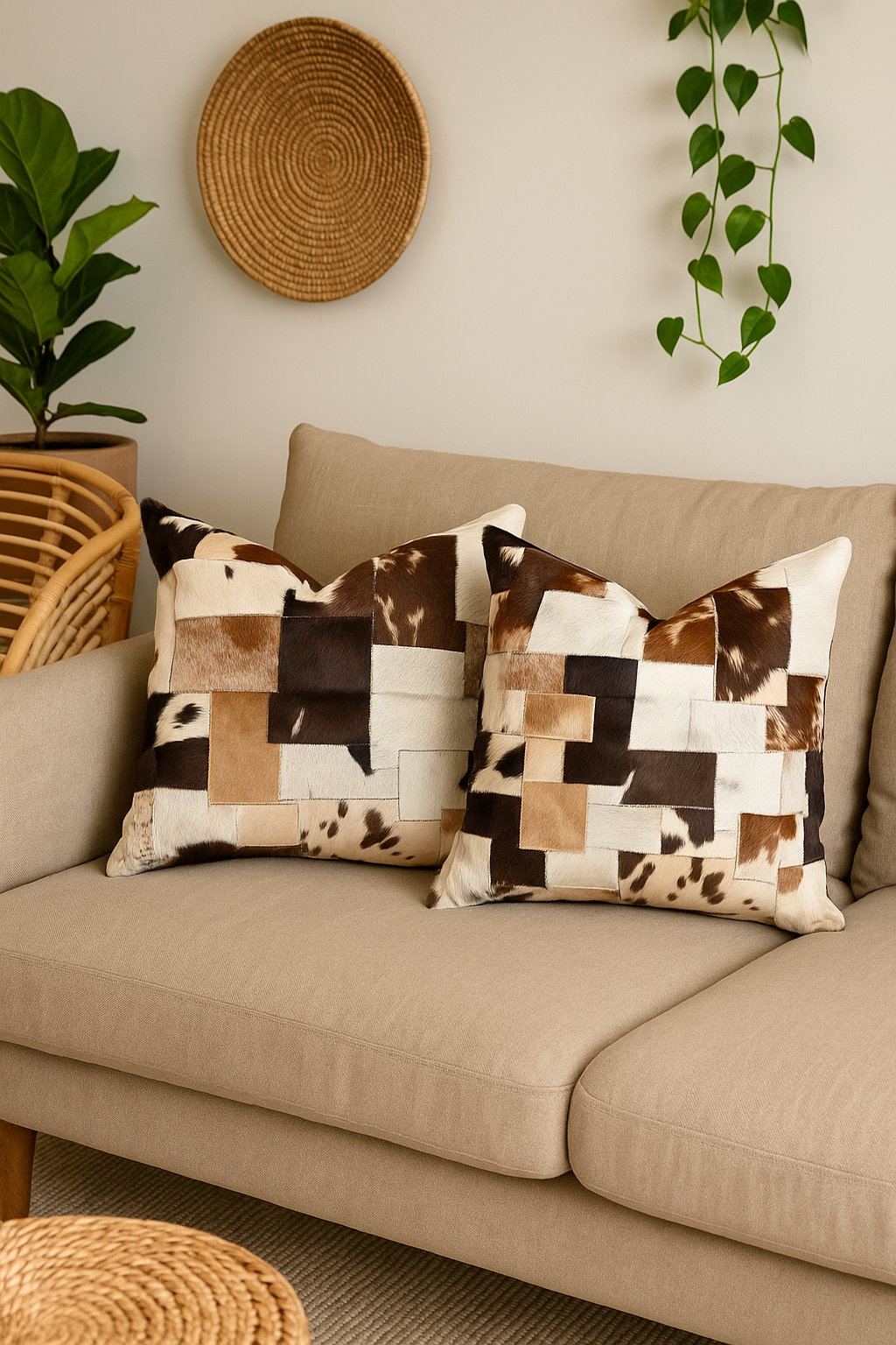 Heritage Genuine Cowhide Cushion Cover - Rustic Patchwork (60x60Cm)