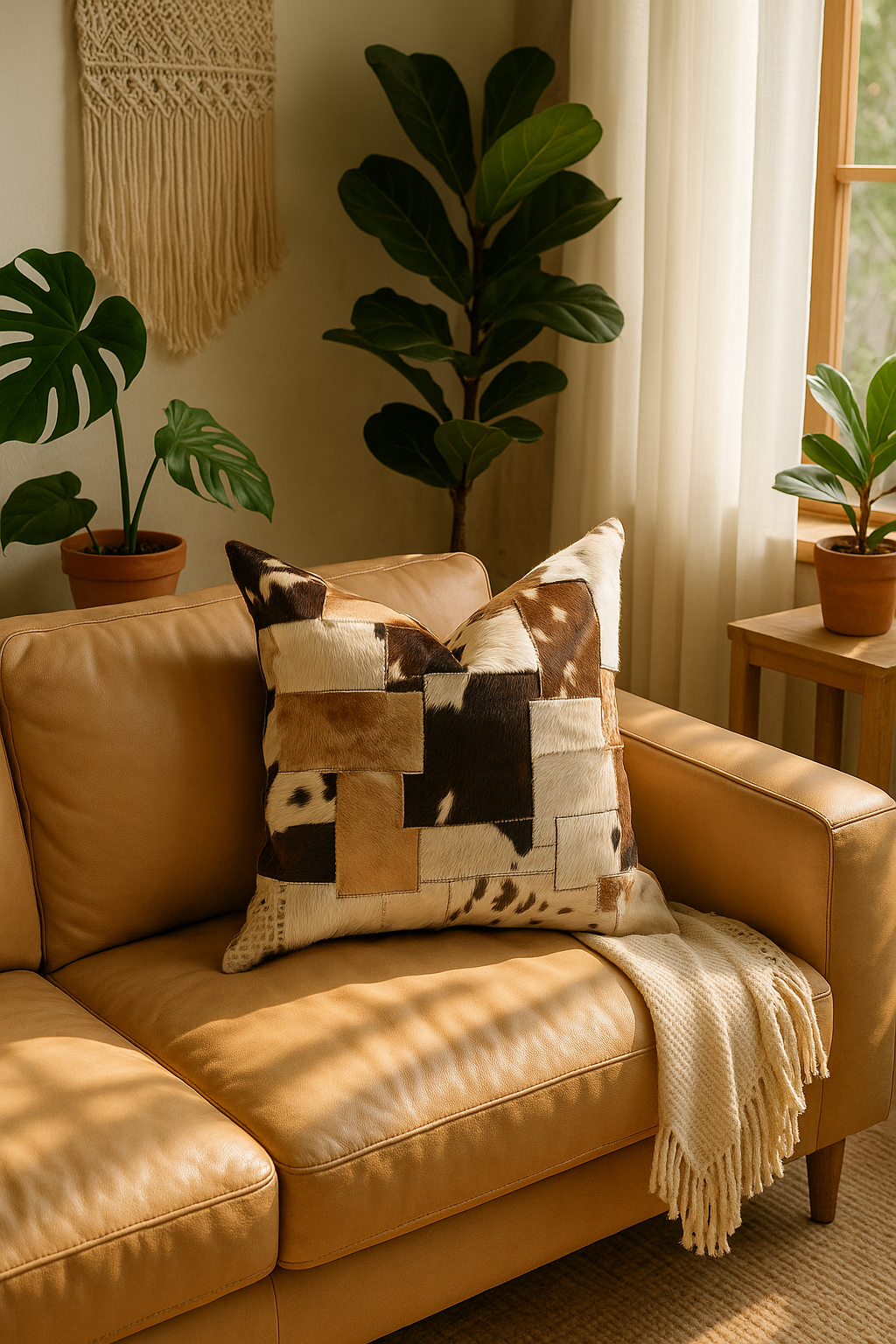 Heritage Genuine Cowhide Cushion Cover - Rustic Patchwork (60x60Cm)