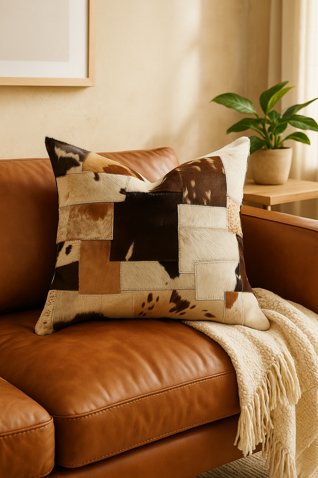 Heritage Genuine Cowhide Cushion Cover - Rustic Patchwork (60x60Cm)