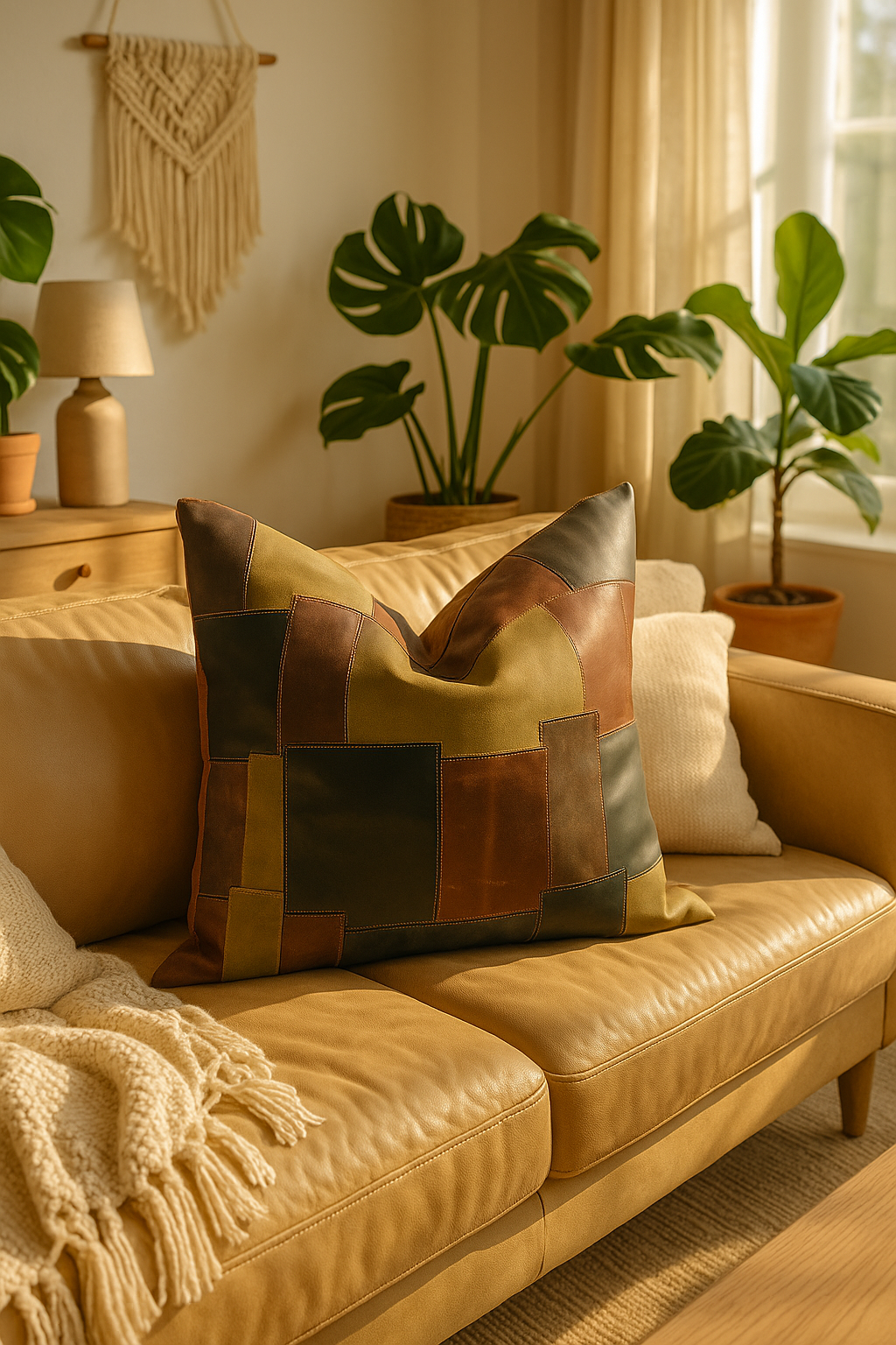 Patchwork Leather Cushion Cover -  Life of Sqaures| 60x60cms